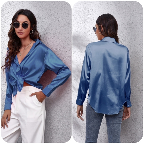 Blue Collared Neck Buttoned Long Sleeve Shirt - Picture 5 of 5